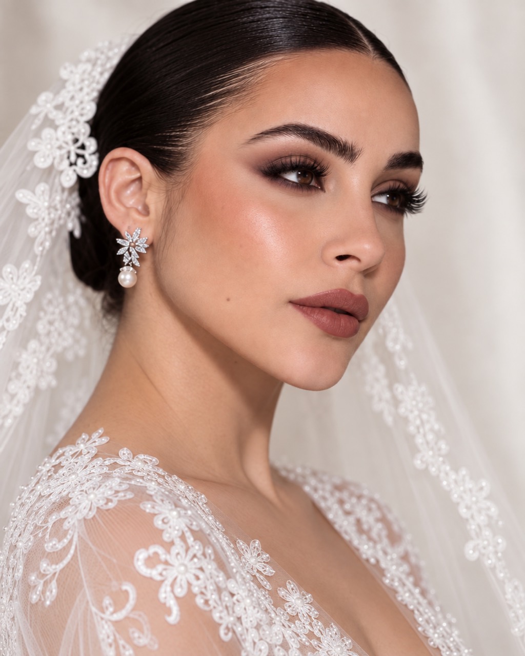 Sposa con make-up bridal chic contemporaneo, halo smokey matte e labbra ombré